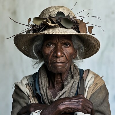 Elderly Indigenous woman in straw hat