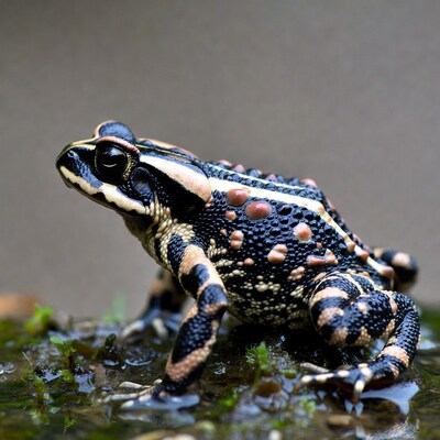 Colorful toad on wet moss