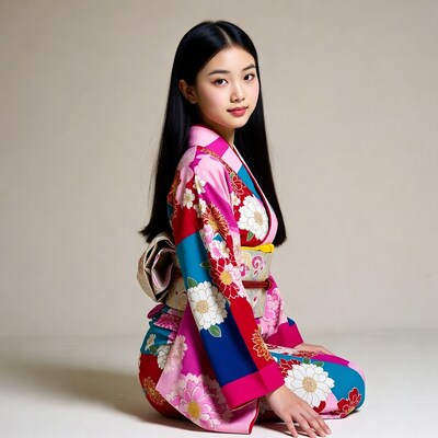 Asian woman in pink kimono sitting