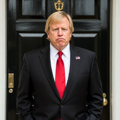 Blond man in suit at black door