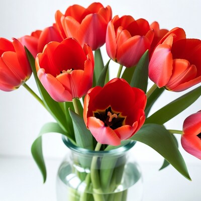 Red Tulips in Glass Vase