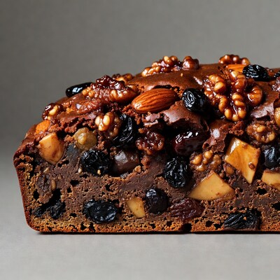 Fruitcake slice with nuts and raisins
