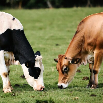 Holstein and Brown Cows Grazing Grass