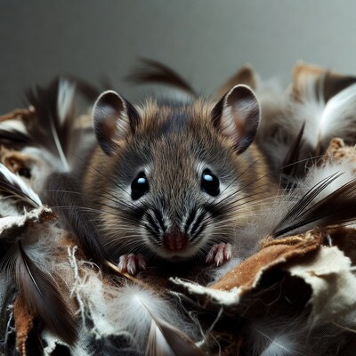 Cute mouse in feather nest