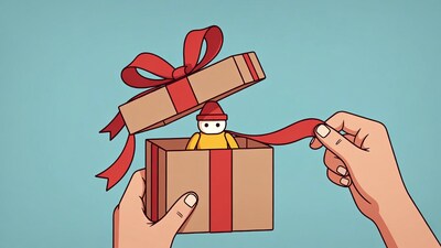 Hands opening gift box with cartoon boy