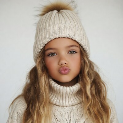 Girl pouting in beanie and sweater