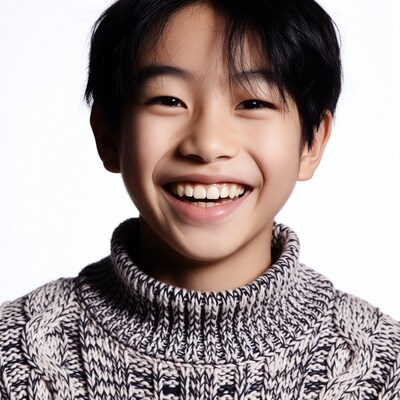 Asian boy smiling in turtleneck sweater