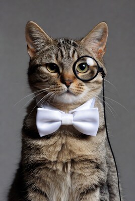 Tabby cat with monocle and bowtie