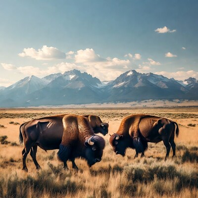Two Bison Facing in Grassland