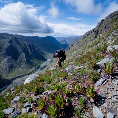 Hiker bending over plants on mountain ridge