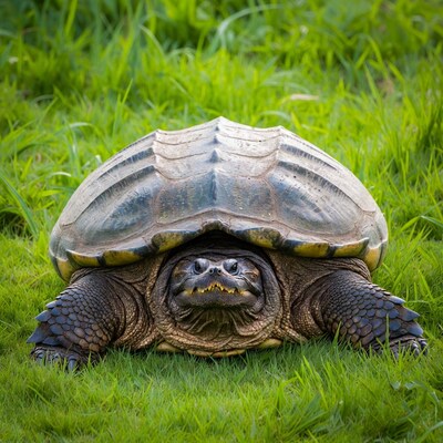 Snapping turtle on green grass