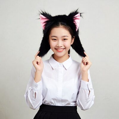 Asian girl with cat ears headband