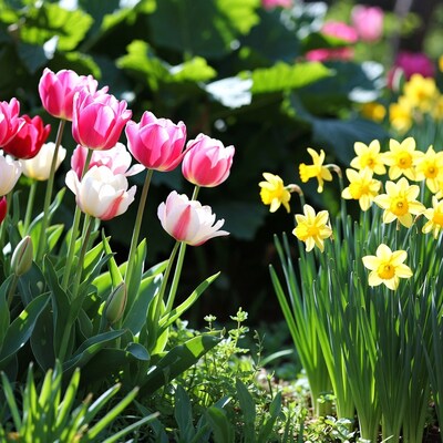 Pink White Tulips Daffodils Garden