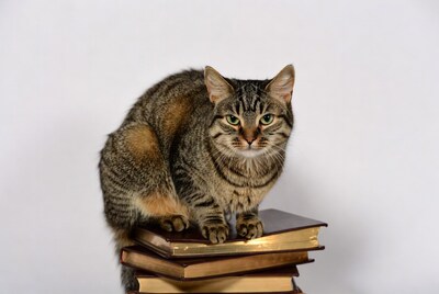 Tabby cat sitting on stack of books