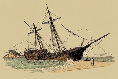Shipwrecked sailing ship on beach with man