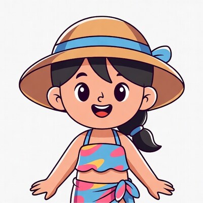 Cartoon girl in swimsuit and straw hat