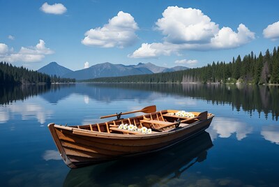 Wooden rowboat with daisies on lake