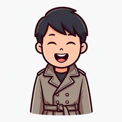 Asian boy laughing in trench coat illustration