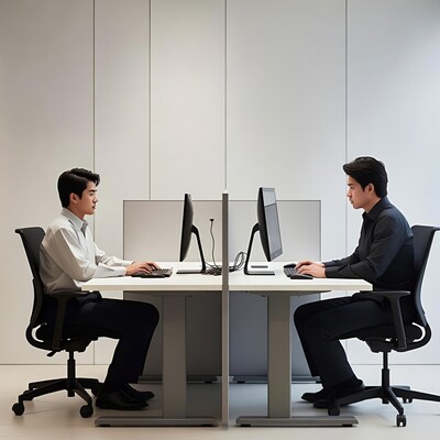 Asian men working at office cubicle