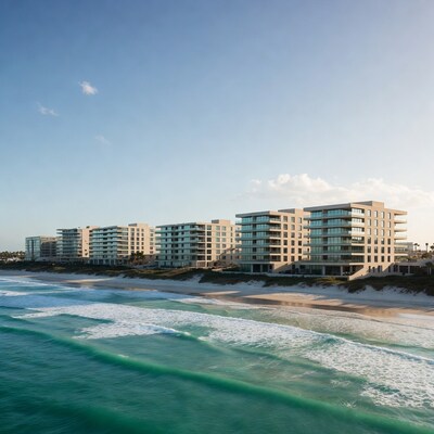 Modern beachfront condos at sunset