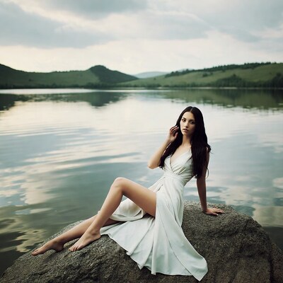Woman in white dress on lakeside rock