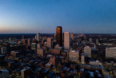 Aerial view of city skyline at dusk