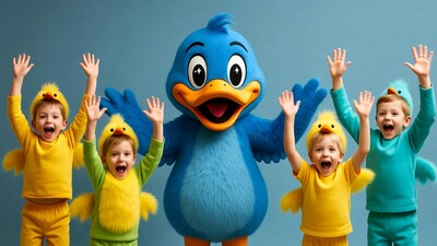 Children with blue bird mascot raising hands