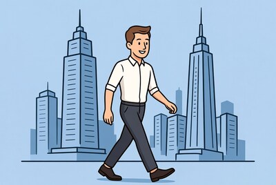Man walking in city skyline