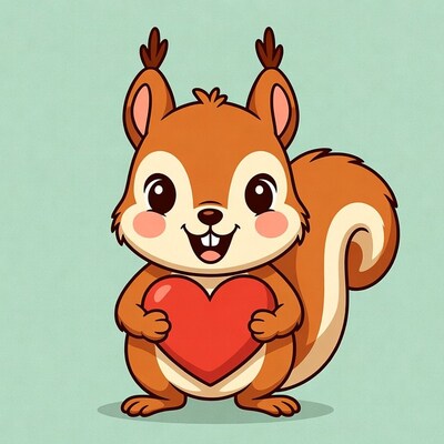 Cute squirrel holding red heart