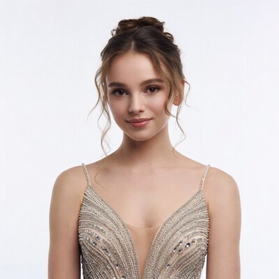 Young woman in sparkling V-neck dress