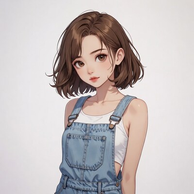 Anime girl in denim overalls