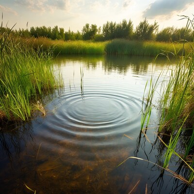 Ripples in pond with reeds