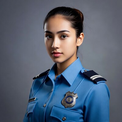 Asian woman in blue police uniform