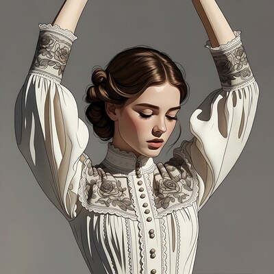 Woman raising arms in Victorian blouse