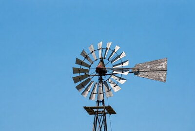 Rustic windmill against blue sky