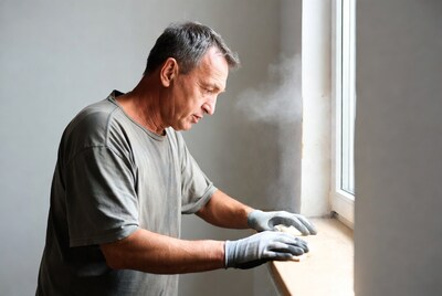 Man sanding windowsill with gloves