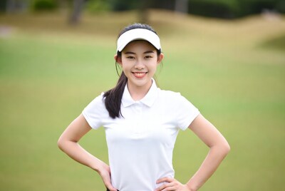 Asian girl in white golf outfit on green