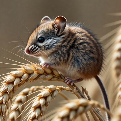 Cute baby mouse on wheat stalk