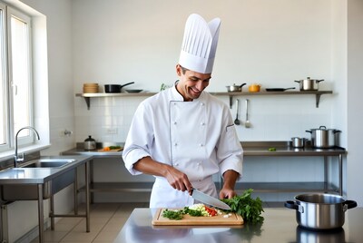 Chef chopping vegetables in kitchen