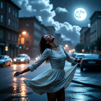 Woman dancing in rain under moon