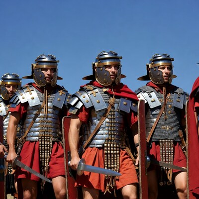 Roman legionaries in armor with swords and shields