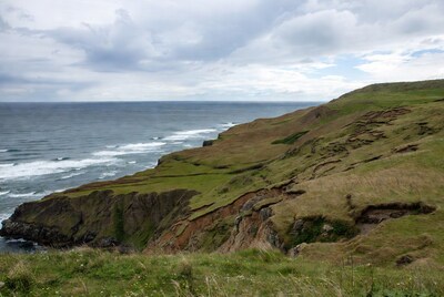 Green cliffs overlooking ocean waves