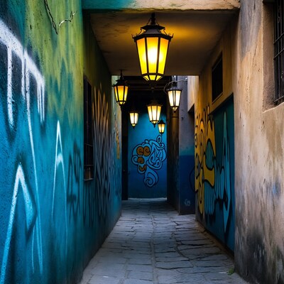 Graffiti alley with lanterns