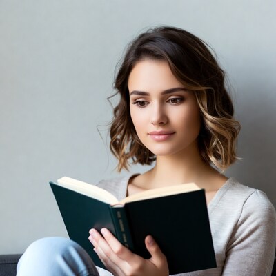 Woman reading book on couch