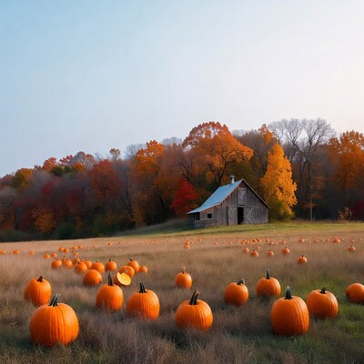 Pumpkins in field by barn and fall trees