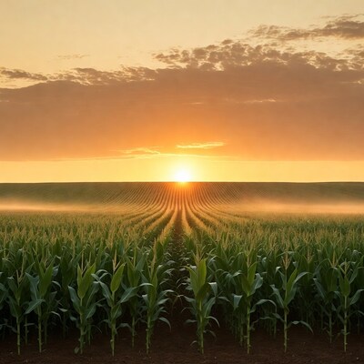 Sunrise over cornfield rows