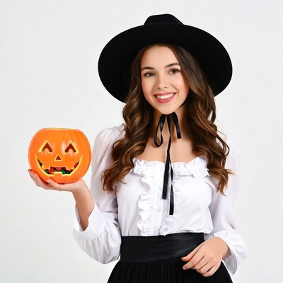 Woman in witch costume holding jack-o-lantern