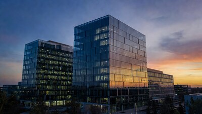 Glass Office Buildings at Sunset