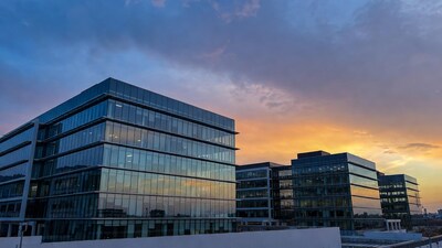 Glass Office Buildings at Sunset