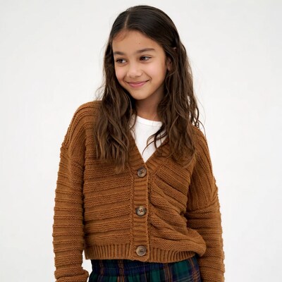 Smiling Asian girl in brown cardigan
